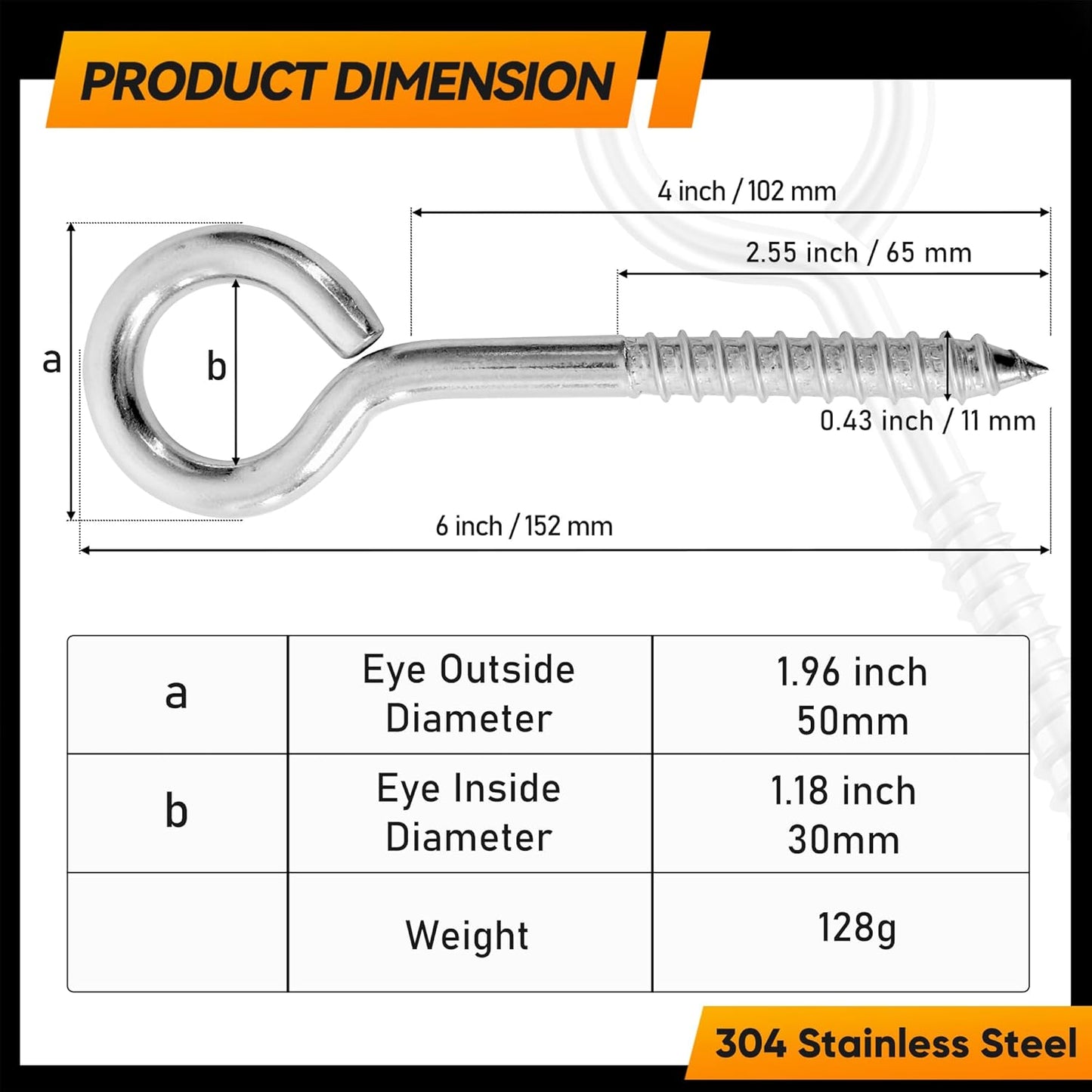 2Pcs 6 Inch Heavy Duty Screw Eyes Hooks, 304 Stainless Steel Self Tapping Eyelet Screw Eye Bolts,800LBS Breaking Strength, Screw in Eye Hooks for Wood Securing Cables Wire. (2, M10-6 Inch)