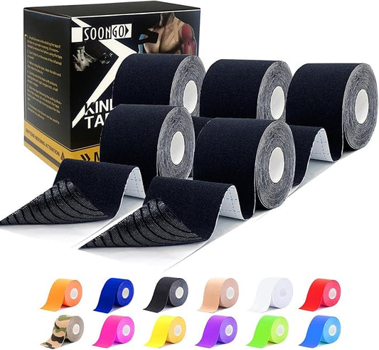 Kinesiology Tape Pro 5 Rolls, 2 Inch High Elasticity Sports Tape Therapeutic Pain Relief–Physio Tape for Muscle Recovery & Joint Support, Waterproof & Hypoallergenic & Breathable–Black