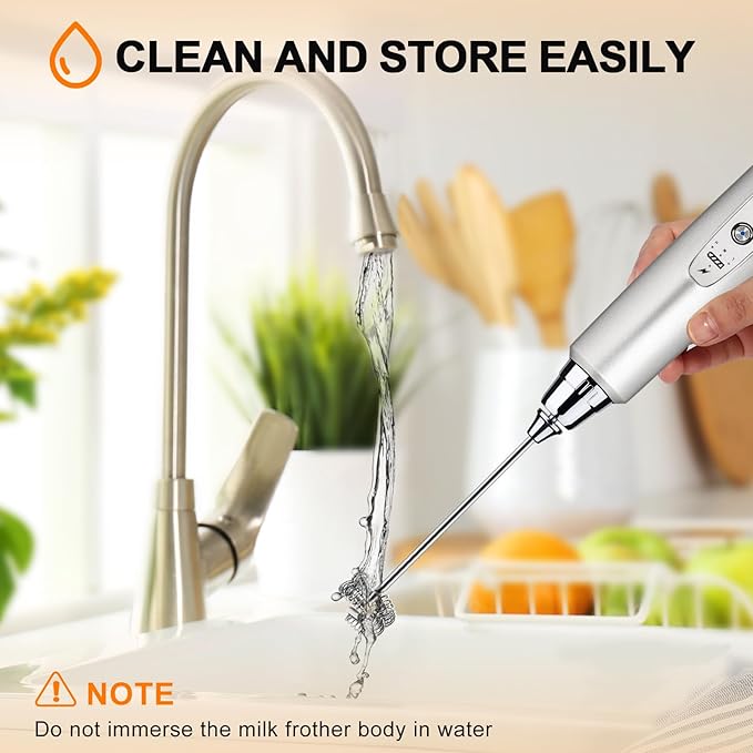 YUSWKO Silver Rechargeable Milk Frother for Coffee with Stand, Handheld Drink Mixer with 3 Heads 3 Speeds Electric Stirrers for Latte, Cappuccino, Hot Chocolate, Egg