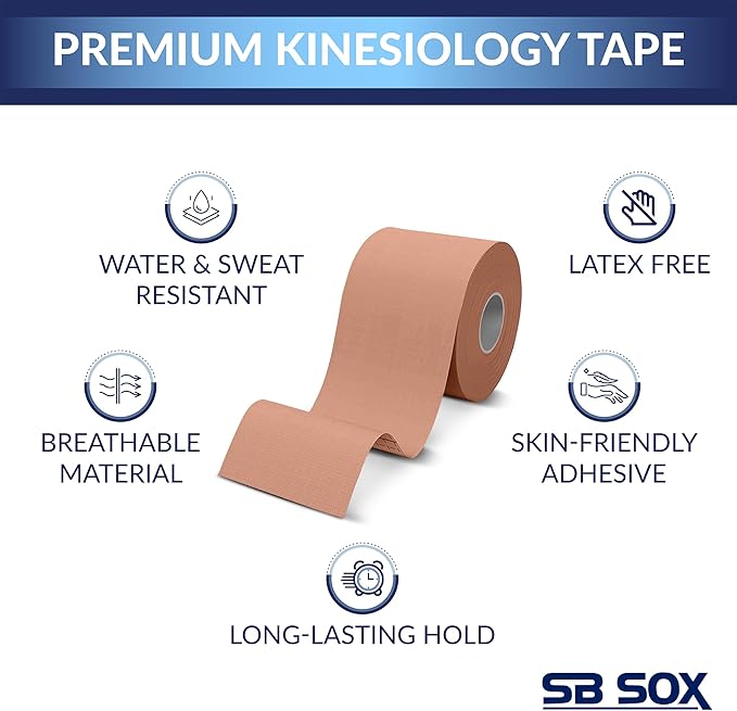 SB SOX Original Cotton Kinesiology Tape Roll – Best Latex Free Athletic Tape for Muscles/Joints – Waterproof, Stretchy, and Gentle on Skin (16ft)