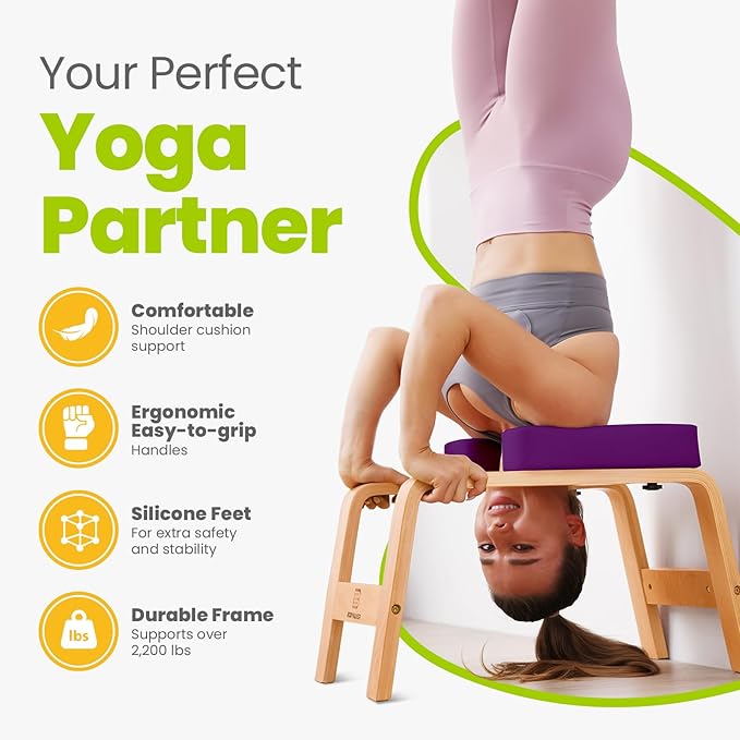 Yoga Headstand Bench, Stand Yoga Chair for Balance Training, Core Strength Building, Upside Down Chair for Relaxation, Handstand Trainer Inversion Chair for Home Gym (Wood Purple)