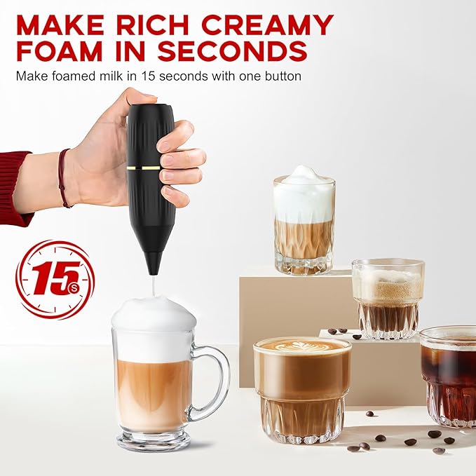 Handheld Milk Frother 14,000 RPM Drink Mixer Wand with Stand & Stirring Spoon Quiet One-Button Operation, Non-Slip Handle, Detachable Whisk Head for Coffee, Lattes, Cappuccinos, Matcha (Black)
