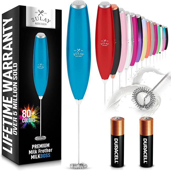 Zulay Kitchen Milk Frother Wand - Handheld Electric Coffee Frother (2 Duracell Batteries Included) - Easy-Clean Wand & Drink Mixer - Metallic Blue