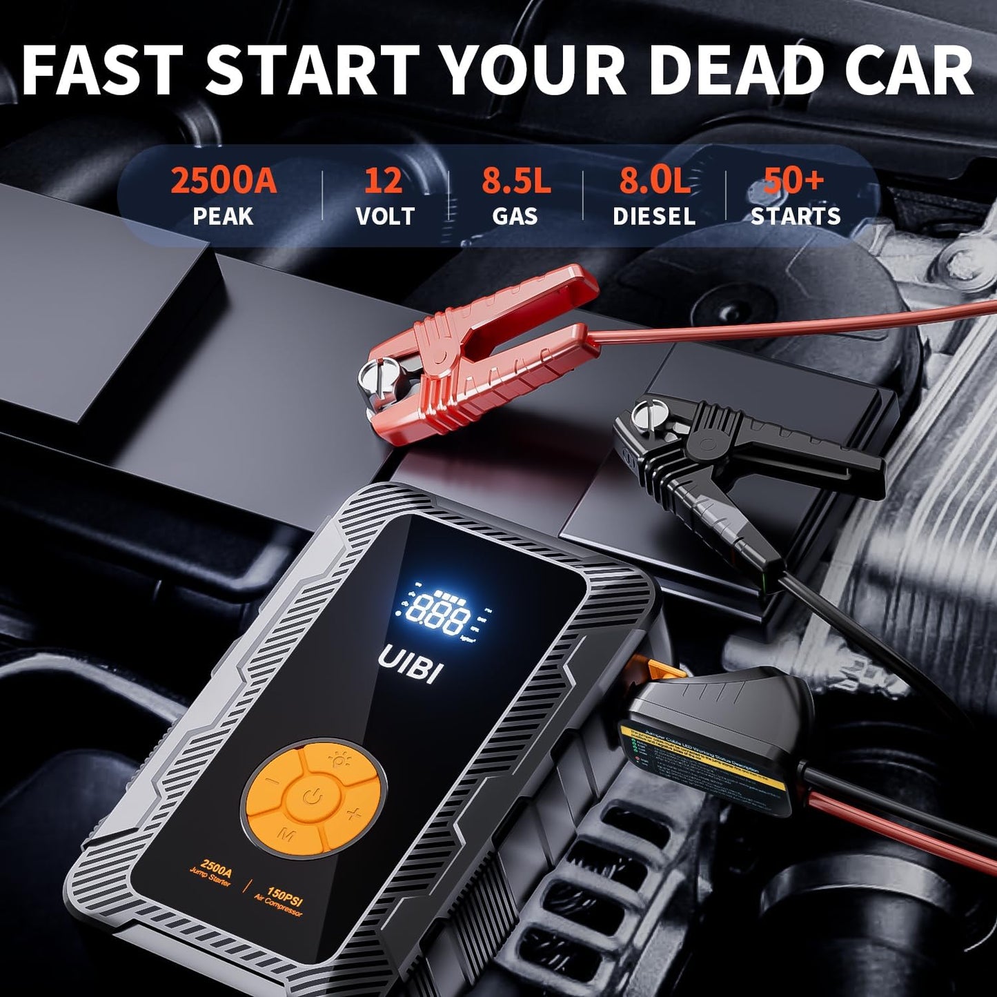 X6 Jump Starter with Air Compressor 150PSI, 2500A Car Battery Jumper Starter Portable Pack with TypeC45W, 20000mAh Tire Inflator 12V Jump Box Booster Charger Cables for 8.5L Gas 8L Diesel Engine