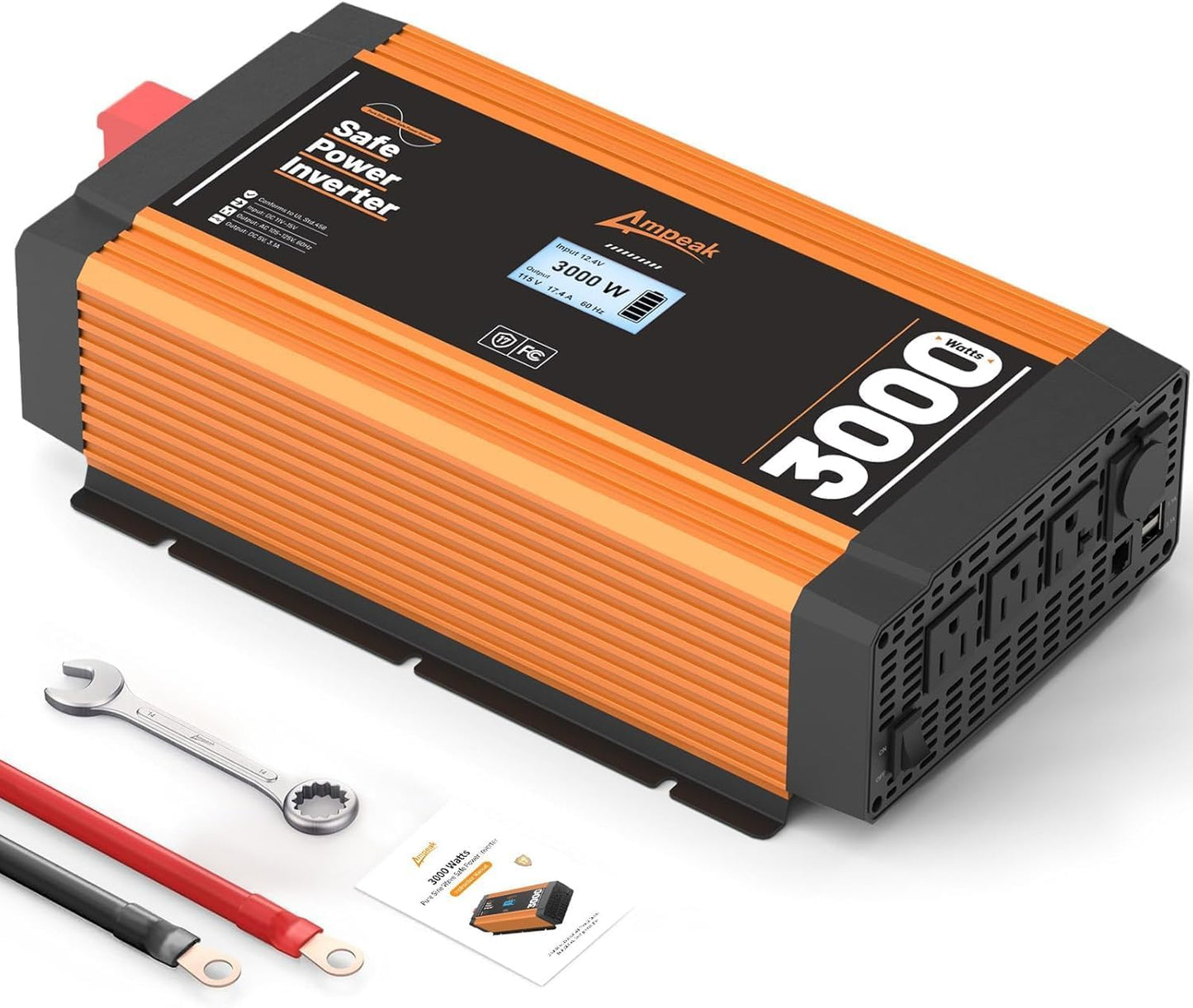 Ampeak 3000W Pure Sine Wave Inverter 12V DC to 120V AC for RV Truck 3AC Outlets Dual USB Ports Power Inverter