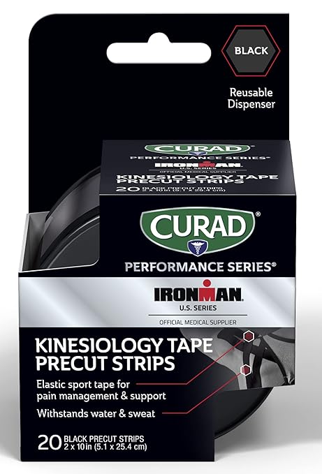 Curad Performance Series IRONMAN Kinesiology Tape, Black, 2 in x 10 in, 1 Roll of 20 Precut Strips