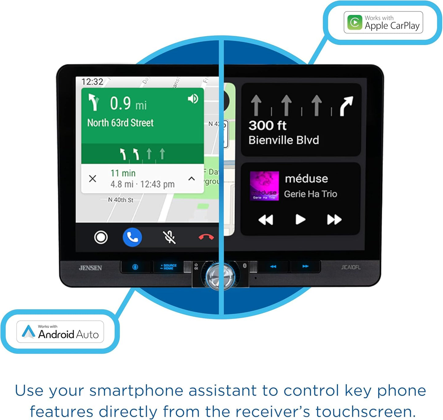 Jensen J1CA10FL-BUC 10.1-inch CarPlay Android Auto Car Stereo with Backup Camera and Additional Camera for Front of Car