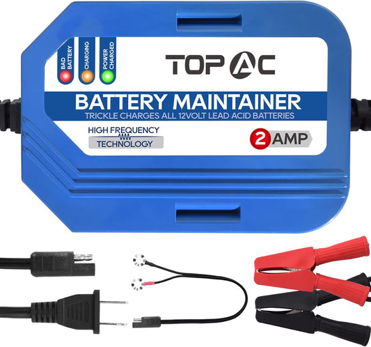 2 Amp Car Battery Charger,12V Smart Fully Automatic Battery Charger Maintainer Trickle Charger and Float Charger for Car Truck Motorcycle Lawn Mower Boat, Lead Acid Batteries