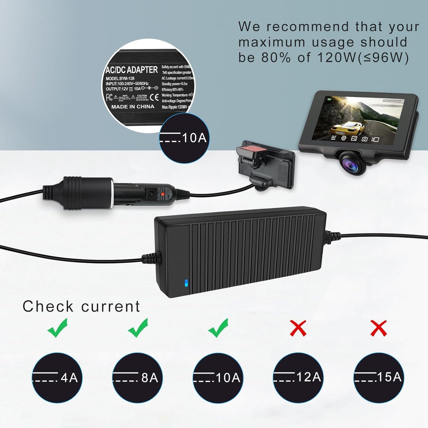 inShareplus 12V 120W AC to DC Converter, 110V to 12V 10A Car Cigarette Lighter Adapter to Wall Outlet Socket, 12 Volt Power Supply Transformer for Car Devices (MP3, Fan, Dash Cam ect.)