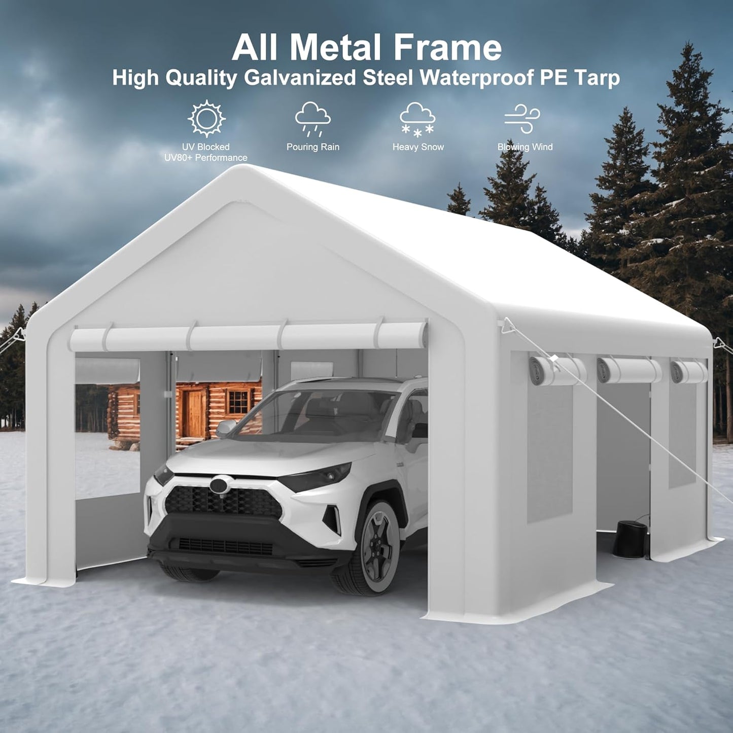 Heavy Duty Carport, Portable Garage with 4 Doors & 4 Window，Upgraded Carport with Reinforced Steel Poles, Uv Resistant All-Season Waterproof Tarp, for Car, Truck, Boat