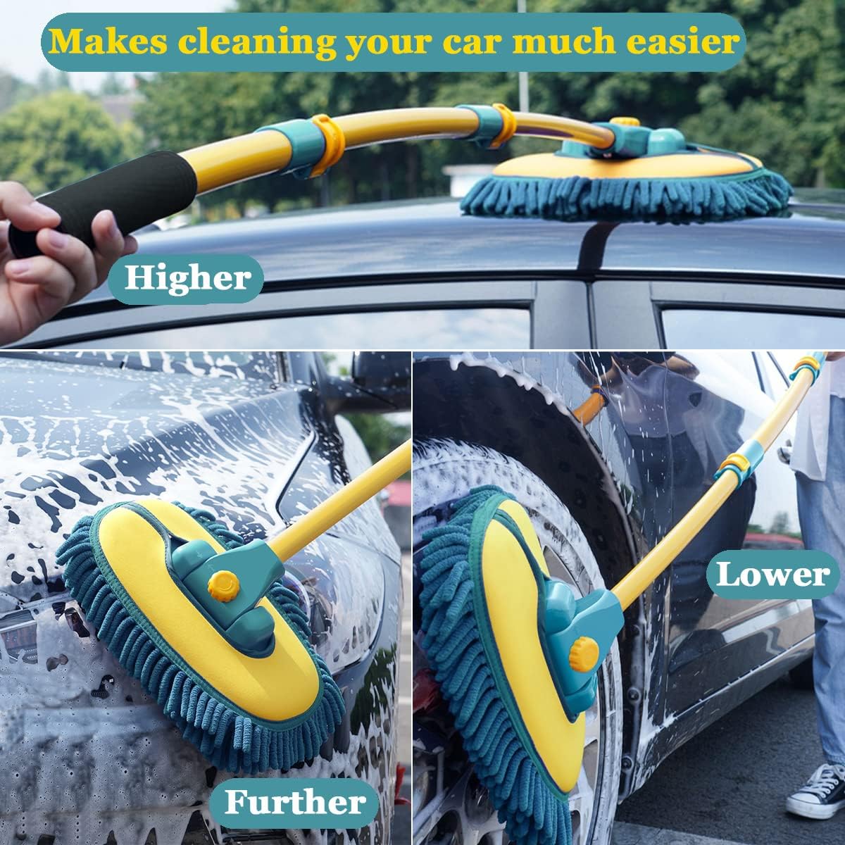 Car Wash Brush with Long Handle, Car Wash Mop Mitt with 2 Replacement Head , Extension Pole Car Brush Cleaning Kit for Cars Trucks