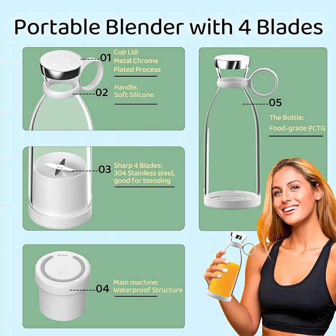 Mini Blender for Smoothies and Milkshakes, Portable Blender, Rechargeable, Personal Size Blender with Quota Outer Travel Lid with 4 Blades, 11 oz for Outdoors, Camping (White)