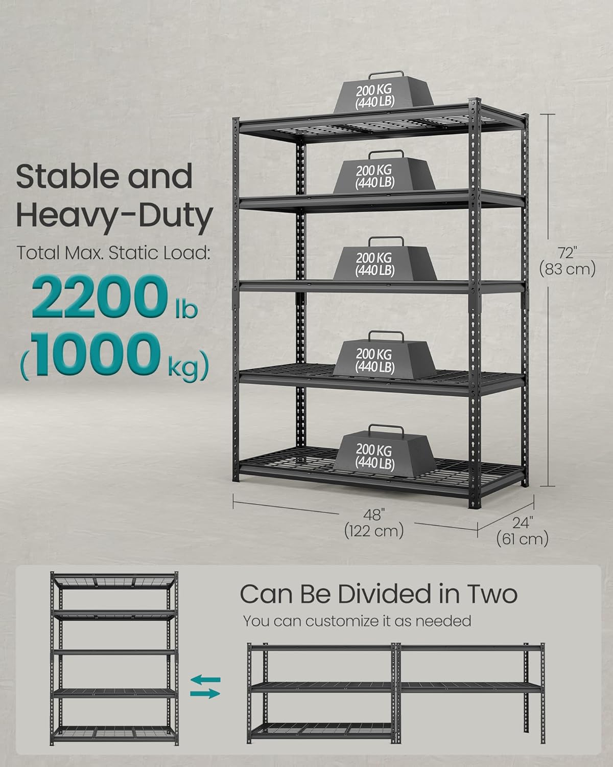 SONGMICS 5-Tier Storage Shelves Set of 3, Heavy-Duty Garage Shelving, Adjustable Shelving Unit, Steel Shelf, Boltless Assembly, for Garage, 2,200 lb Load, 24 x 144 x 72 Inches, Ink Black UGLR454B03