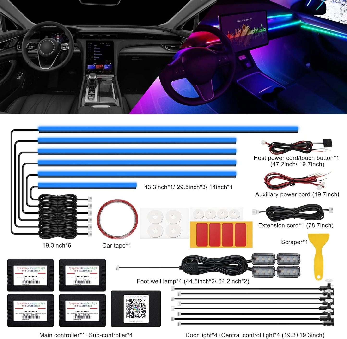 Acrylic Interior Car LED Strip Light with Wireless APP, RGB 18 in 1 with 175 inches 593 LEDs Fiber Optic Ambient Lighting Kits, 16 Million Colors Sound Active Function Car Neon Lights