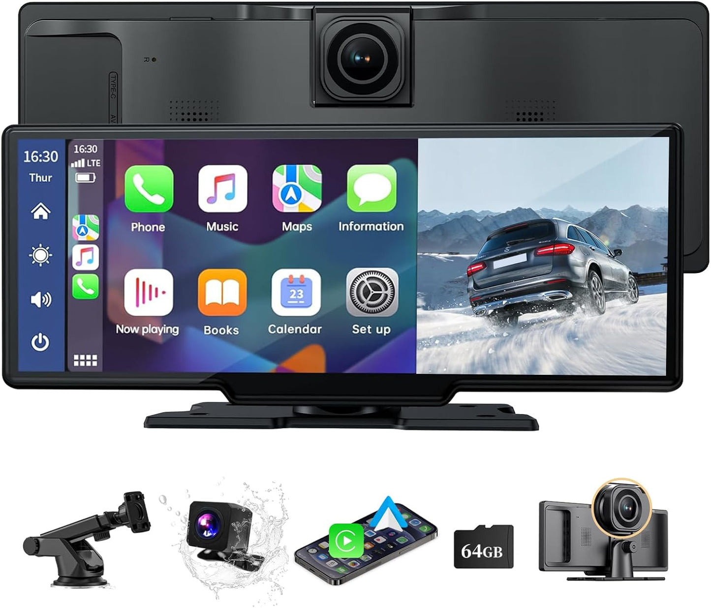 Wireless Carplay Screen, 10.26"Portable Car play & Android Auto Touch Screen, Bluetooth Double Din Car Stereo with 4K Dash Cam,1080P Backup Camera/Mirror Link/Voice Control/GPS/AUX/FM for All Vehicles