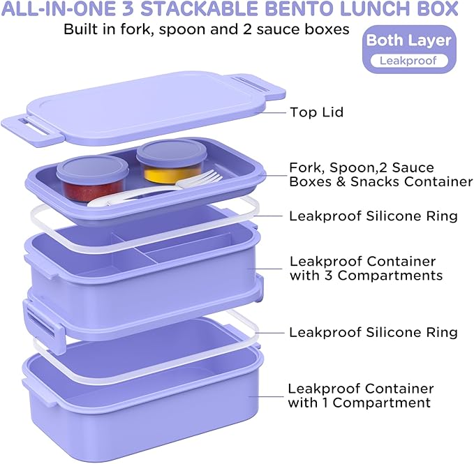 Lunch Box Adults Bento Box - 74 OZ All-in-One Stackable Lunch Box Containers for Adult Large Bento Box with Fork Spoon Sauce Boxes, Leakproof Lunchbox for Work School Dining Out,Macaron-Purple