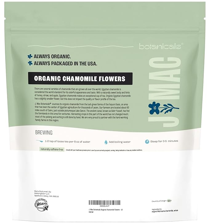 J Mac Botanicals, Organic Chamomile Flowers (1 pound), Certified USDA Organic. Whole Dried Chamomile Flower, Loose Leaf Tea