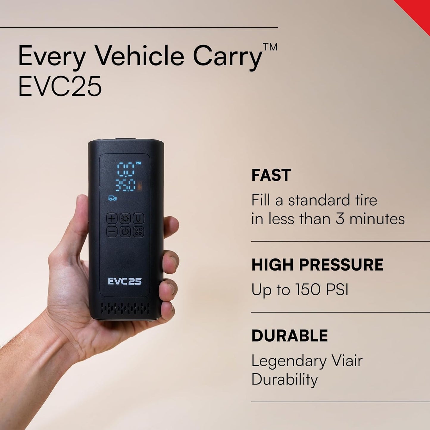 Viair Every Vehicle Carry EVC25 - rechargeable, portable compressor - LED gauge w/preset - Tire Inflator ideal for compact & mid-size cars, LT trucks, E-bikes, motorcycles & Inflatables