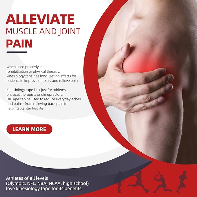 OK TAPE PRO Kinesiology Tape Uncut Roll, Elastic Physical Therapy Athletic Tape for Pain Relief, Muscle Support, Kinetic Tape, Water Resistant, 2in X 16.4ft -Red 2 Rolls