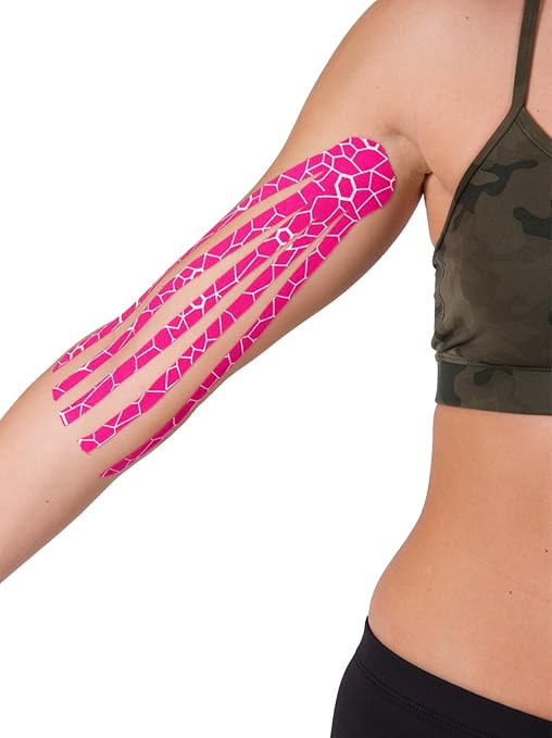THERABAND Kinesiology Tape, Waterproof Physio Tape Muscle & Joint Support, Standard Roll with XactStretch Application Indicators, 2" X 10" Strips, 20 Precut Strips, Pink/White