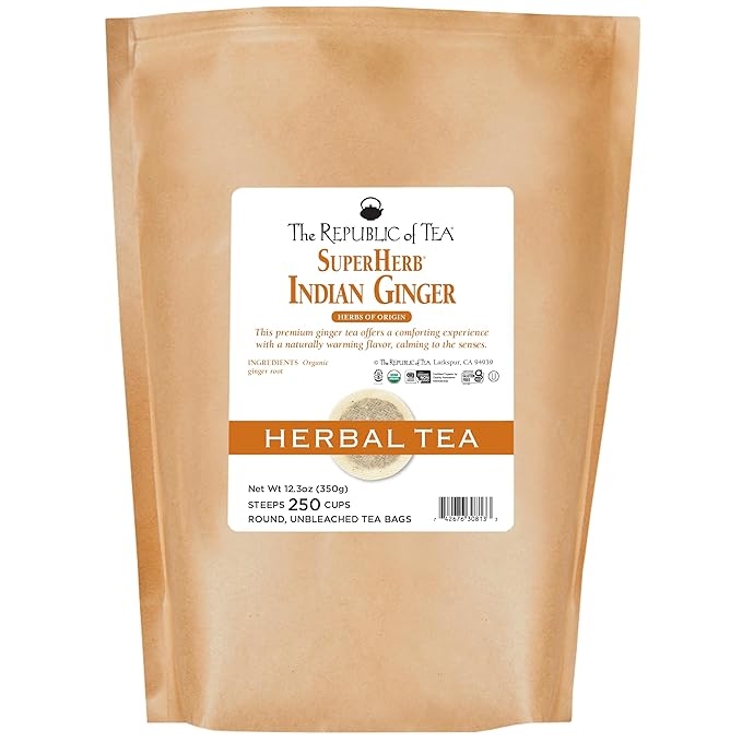 The Republic of Tea — Organic Indian Ginger SuperHerb Tea Bulk Bag, 250 Herbal Tea Bags, Naturally Caffeine-Free Herbs of Origin