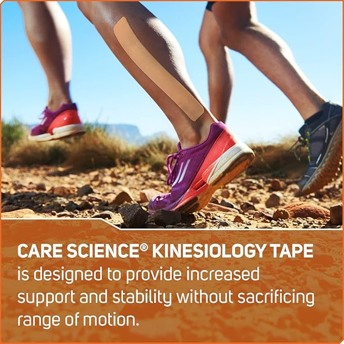 Care Science Waterproof Kinesiology Tape, Precut Water Resistant Strips, Elastic Athletic Tape for Sports & Weightlifting, Supports Muscles & Joints, Muscle Strain Relief, Tan, 2 Rolls, 40 Count
