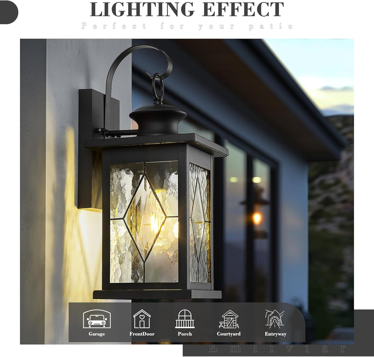 Emliviar Large Outdoor Wall Lantern 18 Inch, Black Front Porch Light with Water Grain Glass Shade, Outside Lights for House and Garage, 1810-BW2-SD