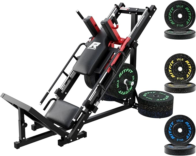 RitFit Adjustable Leg Press and Hack Squat Machine with Weight Plate Set, Professional Home Gym Equipment with Linear Bearings, Specialized for Complete Lower Body Workouts and Weight Storage Posts