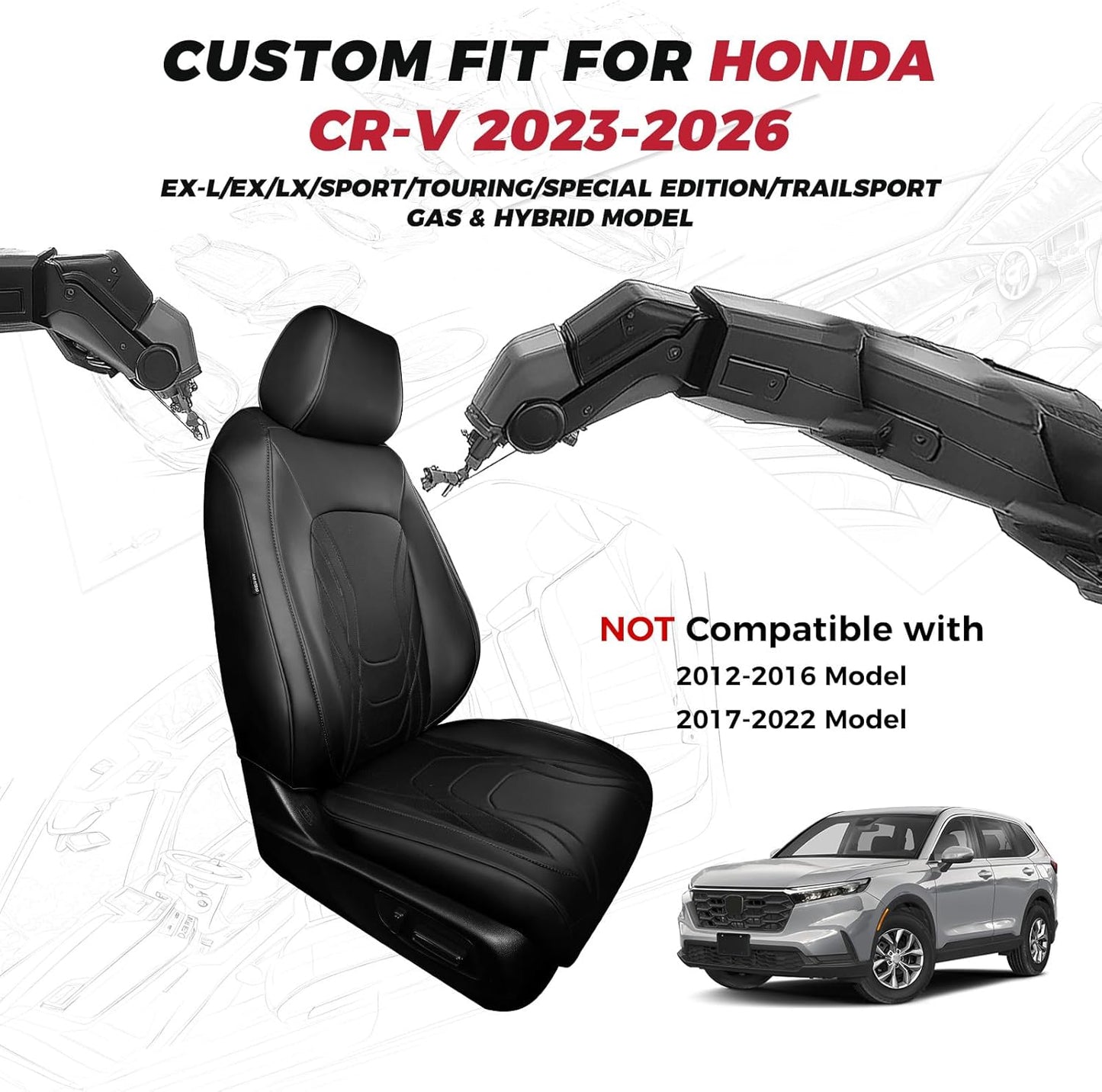 FREESOO Seat Covers for Honda CRV, Custom Fit Seat Covers Full Set, CRV LX EX EX-L Sport Touring Special Edition Trailsport Hybrid & Gas 2023 2024 2025 2026, Luxury Leather Car Seat Cover, Black