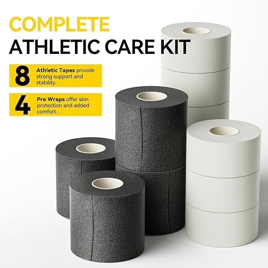 Dimora Athletic Tape and Pre Wrap Kit, 8 + 4 Rolls Premium Sports Wrap for Injury Prevention & Support, Easy Tear and No Sticky Residue, Essential Combo for Athletes, Trainers, & Coaches
