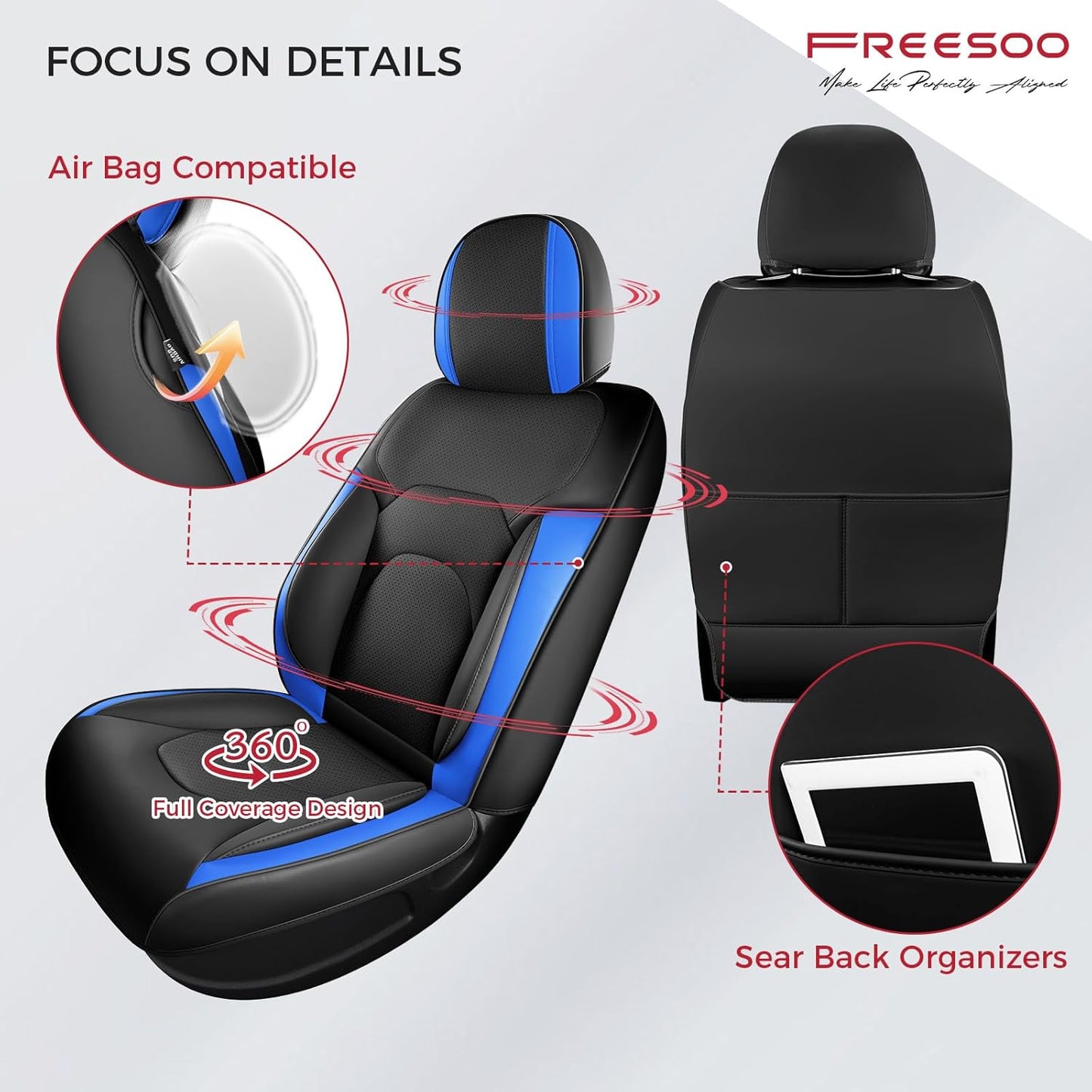 FREESOO Car Seat Covers Front Seats 2PCs,Waterproof Automotive Seat Covers, Leather Cars Interior Covers, Seats Protection Universal fit Babies & Adult (BlackBlue)