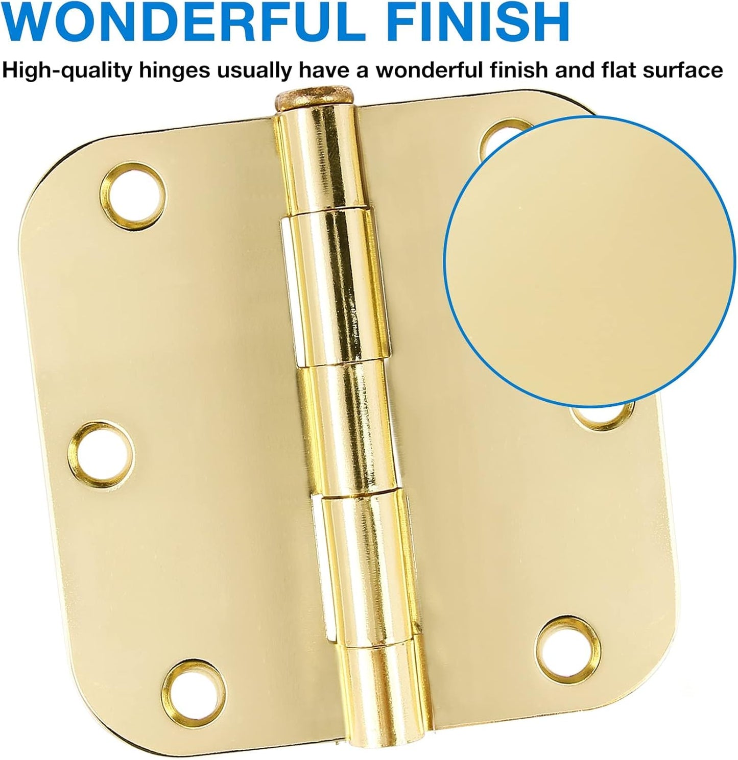 3 Pack Rounded Door Hinges 3-1/2" x 3.5 inch, 5/8 Radius, Polished Brass 3 ½ Inch Gold House Interior Hinge for Bed/Living/Guest/Pantry/Storage/Study/Work Room Doors Heavy Duty Steel Hardware Kit