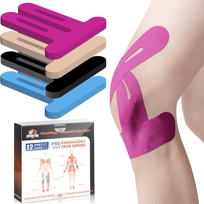 Kinesiology Tape for Knees Pre Cut, 12 PCS Upgrade KTQUICK Knee Tape For Knee Pain Relief Pre Cut, Original Cotton Knee Tape, Flexible & Durable Sports Tape for Support & Comfort During Workouts, Pink