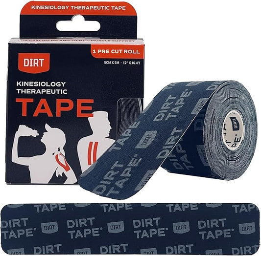 DIRT Tape-Pre Cut Athletic Kinesiology Tape-Muscle Pain Relief & Joint Support-Premium Elastic Cotton-Latex-Free-Water Resistant-Gym, Indoor & Outdoor Sports- Single roll (16.4 ft)-Black w/Logo