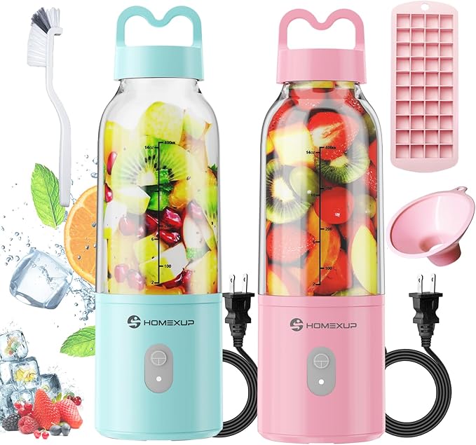 2PCS Portable Personal Blender 17 OZ/500 ML Juicer, 175W Personal Size Blender, Ideal for Smoothies, Ice Blending, Juicing, and Food Processing, Compact, Convenient, and Versatile (Pink&Blue)