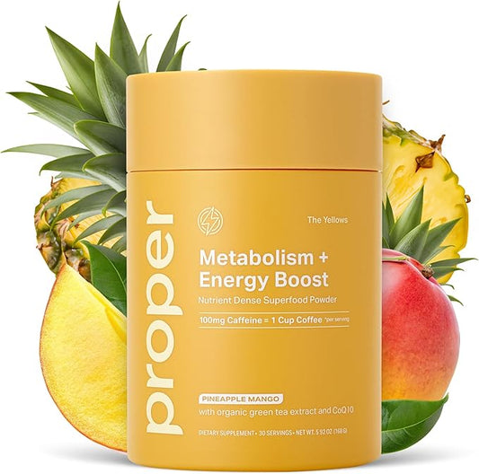 Proper, The Yellows Metabolism and Energy Boost, Sugar Free Energy Drink Powder with 100mg Caffeine. No Creatine or Beta-Alanine. 30 Servings, Pineapple Mango Drink Mix for Men and Women