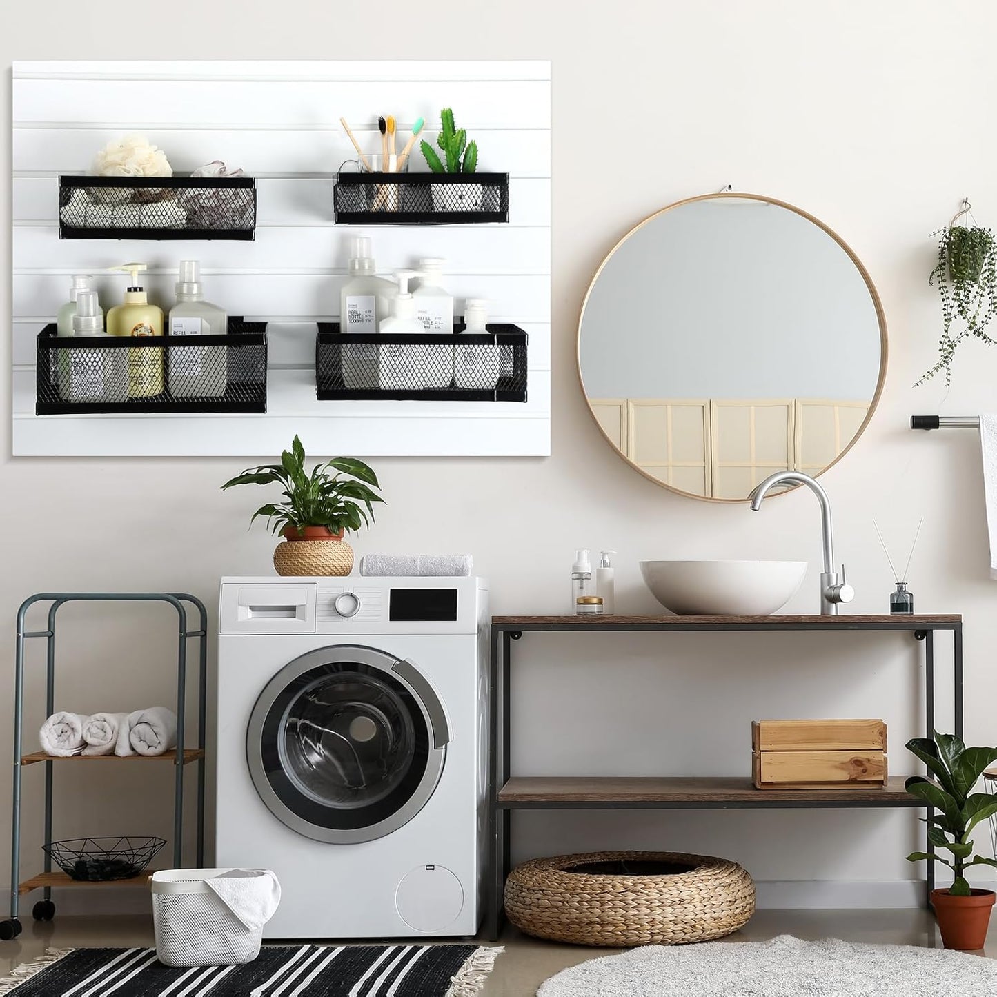 Coume 4 Pcs Black Slatwall Baskets 4 Size Metal Mesh Wire Basket for Slatwall Panels Ventilated Wall Mounted Hanging Accessories for Home Garage Retail Store Display Organizing(Mixed Size)