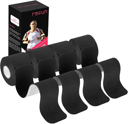 REFUN Kinesiology Tape Precut (4 Rolls Pack), Elastic Therapeutic Sports Tape for Knee Shoulder and Elbow, Pain Relief, Waterproof, Latex Free, 2" x 16.5 feet Per Roll, 20 Precut 10 Inch Strips Black