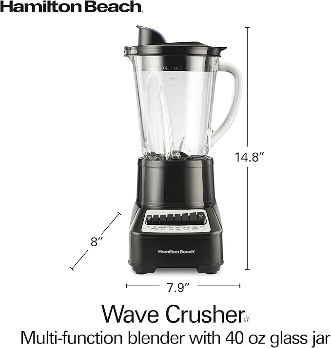 Hamilton Beach Wave Crusher Blender for Smoothies With 40 Oz Glass Jar and 14 Functions, Ice Sabre Blades & 700 Watts for Consistently Smooth Results, Black & Stainless Steel (54220)