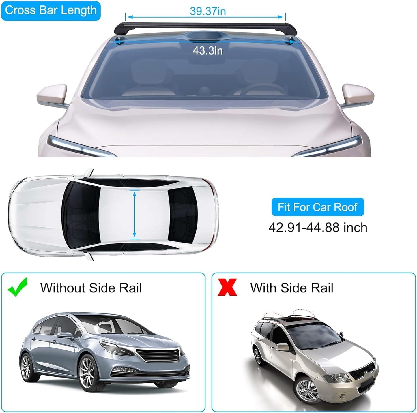 43inch Universal Car Roof Rack, Aluminum Car Roof Rack Cross Bars, Anti-Theft Lock, Adjustable Window Frame for Bike Kayak Cargo Luggage, 42.91-44.88 inch Distance Between Rain Grooves, 165LBS Load