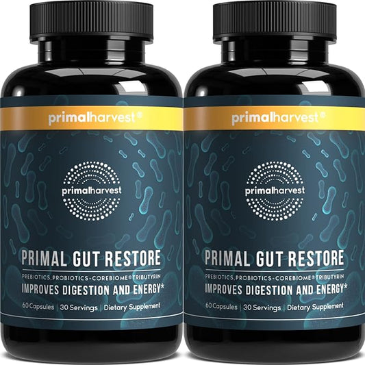 Primal Harvest 2 Pack, Restore for Gut Health, Primal Gut Restore w/POSTbiotics, PREbiotics and PRObiotics for Women and Men, 60 CT - Digestion, Colon Cleanse, Helps Leaky Gut Repair