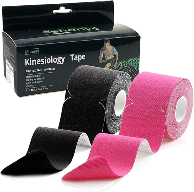 MUEUSS Kinesiology Tape Elastic Cotton Athletic Tape Precut Strips,Waterproof Tape for Protects Muscles,Knees,Shoulders Plantar Fasciitis Pain Relief,Pregnancy Belly Tape (2rolls Black&Pink)