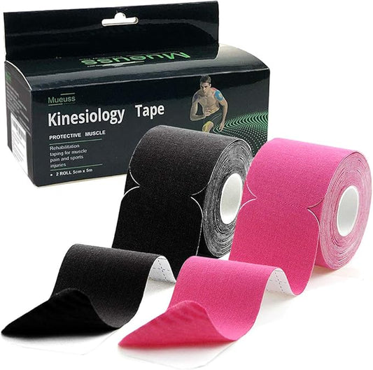 MUEUSS Kinesiology Tape Elastic Cotton Athletic Tape Precut Strips,Waterproof Tape for Protects Muscles,Knees,Shoulders Plantar Fasciitis Pain Relief,Pregnancy Belly Tape (2rolls Black&Pink)