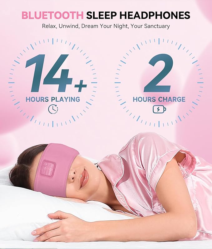 MUSICOZY Sleep Headphones Headband Bluetooth 5.4 Wireless Headband Headphones for Sleeping for Side Sleeper with Ultra-Thin HD Stero Speaker for Workout(Pink)