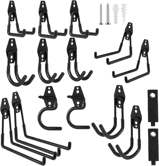 Garage Hook Heavy Duty Wall Storage Hangers, 16 Pack Garage Storage Hooks Steel Tool Organizer Black for Ladders, Ropes, Garden Tools