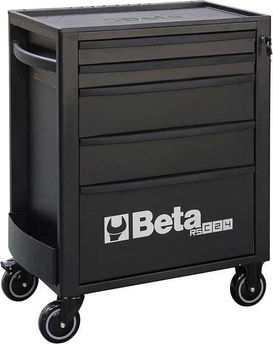 Beta RSC24 Heavy Duty Rolling Tool Cabinet, 5 Drawers, Black, Ball Bearing Slides, Rubber Mat Liners, 5" Casters, Anti-Fall Edge Worktop, 1760 lbs Load Capacity, Made in Italy
