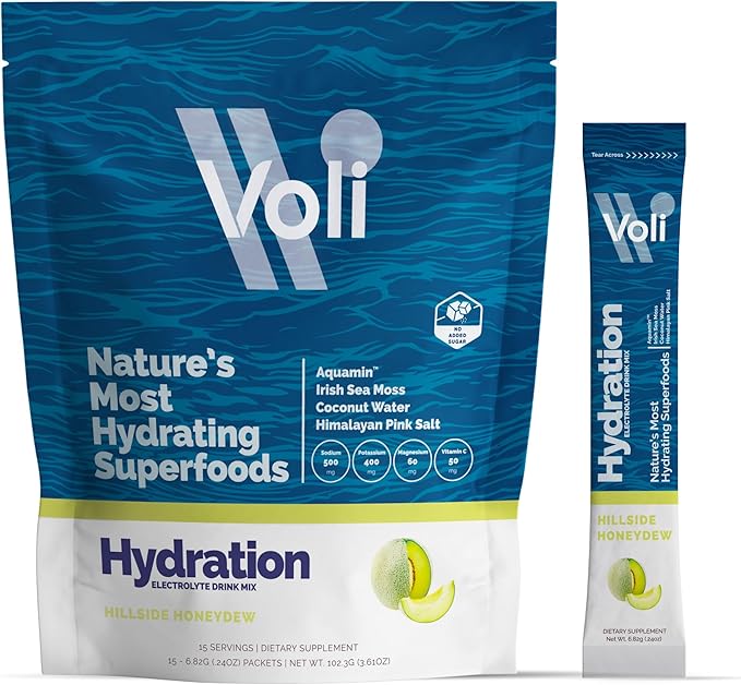 Voli Electrolytes Powder Packets | No Added Sugar Electrolyte Drink Mix for Hydration | Keto & Fasting Friendly, Natural Superfoods & Minerals | Honeydew, 15-Count