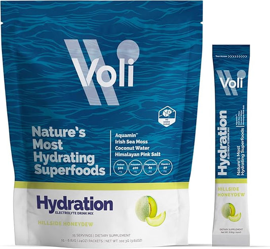 Voli Electrolytes Powder Packets | No Added Sugar Electrolyte Drink Mix for Hydration | Keto & Fasting Friendly, Natural Superfoods & Minerals | Honeydew, 15-Count
