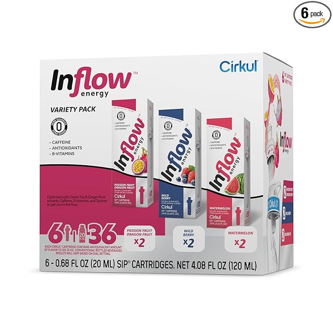 Cirkul Inflow Energy Flavor Cartridge Variety Pack with Caffeine, 6-Pack (2 Passion Fruit Dragon Fruit, 2 Wild Berry, 2 Watermelon), No Sugar, Zero Calorie Drink Mix