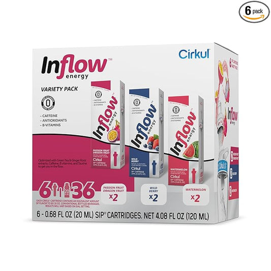 Cirkul Inflow Energy Flavor Cartridge Variety Pack with Caffeine, 6-Pack (2 Passion Fruit Dragon Fruit, 2 Wild Berry, 2 Watermelon), No Sugar, Zero Calorie Drink Mix